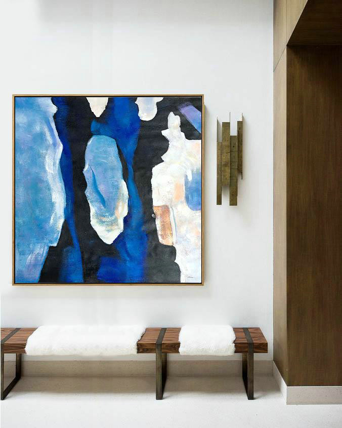 Oversized Blue Contemporary Painting On Canvas,Living Room Canvas Art,Blue,Black,White,Sky Blue